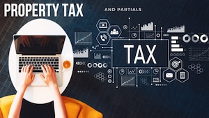 Property Tax illustration with a person's hand typing on a laptop